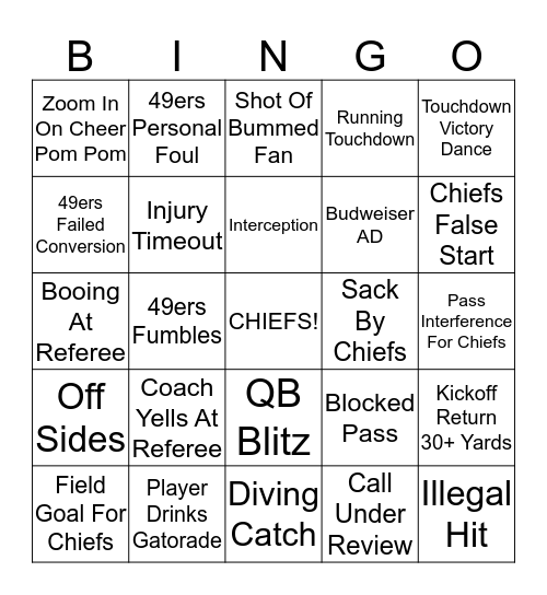Chiefs v 49ers Super Bowl Bingo Card