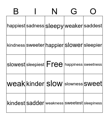 Suffixes -er, -est, and -ness Bingo Card