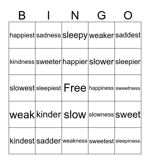 Suffixes -er, -est, and -ness Bingo Card