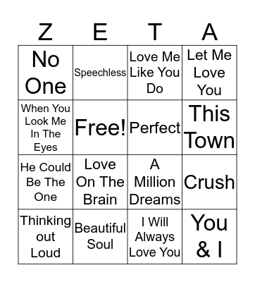 Love Songs Bingo Card