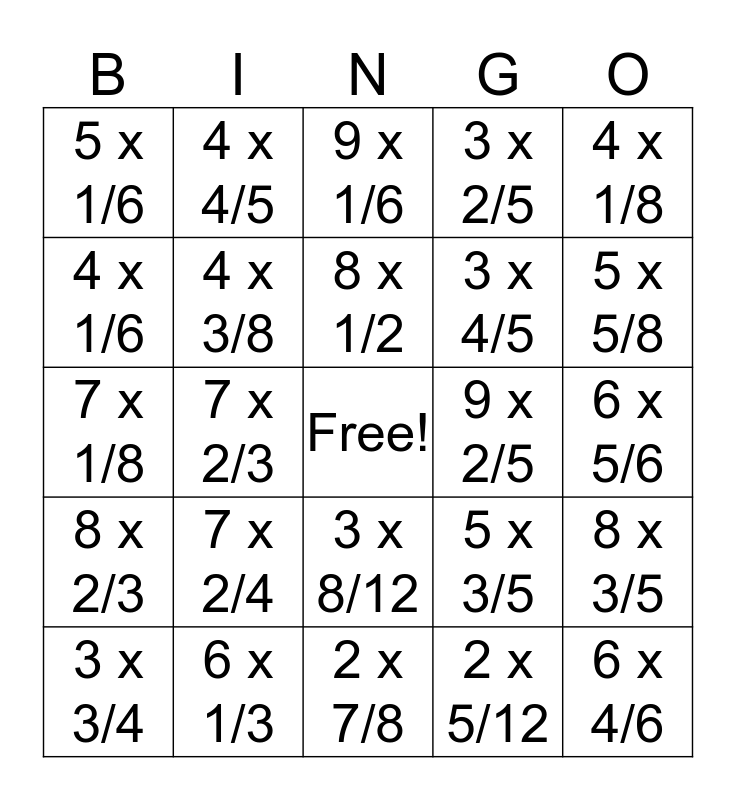 Multiplying Fractions Bingo Card