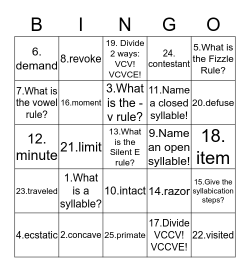 VCVCE Review! Bingo Card