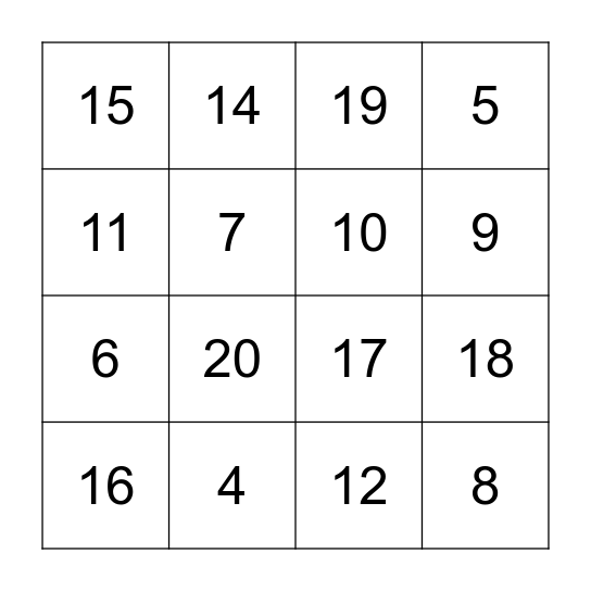Number Bingo Card