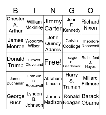Presidents of The US Bingo Card