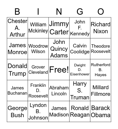 Presidents of The US Bingo Card