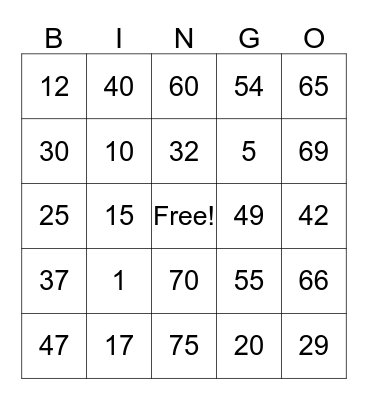 Number BINGO 1-60 Bingo Card