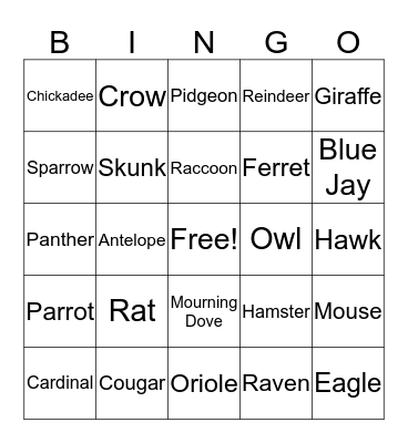 Animal Bingo Card