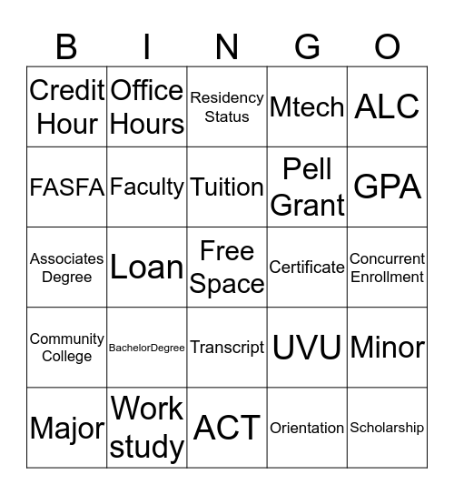 college bingo Card