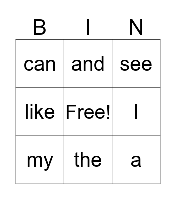 Sight Words Bingo Card