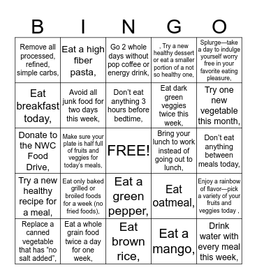 Healthy Eating Bingo Card