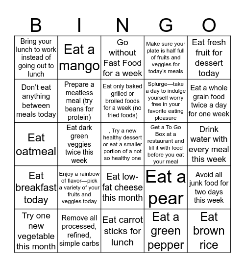 Healthy Eating Bingo Card