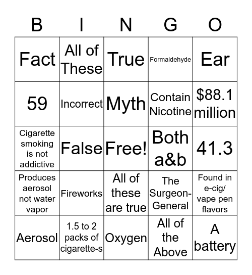 Anti-Vaping Bingo Card