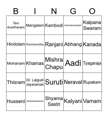 Margazhi Utsavam Ragam Bingo Card