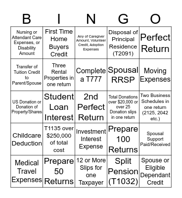 Tax Season Bingo Card