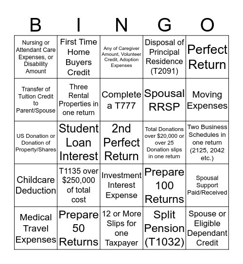 Tax Season Bingo Card