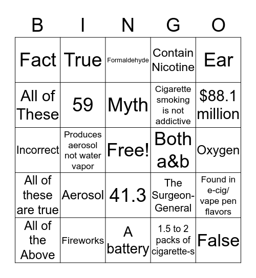 Anti-Vaping Bingo Card
