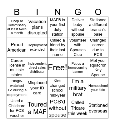 Military Spouse BINGO Card