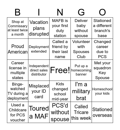 Military Spouse Bingo Card
