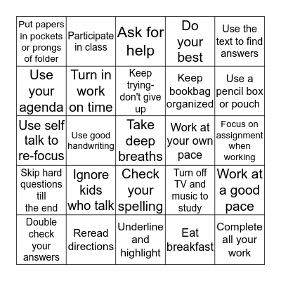 Success In School Bingo Card