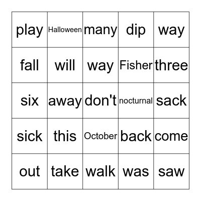 Sight Word Bingo Card