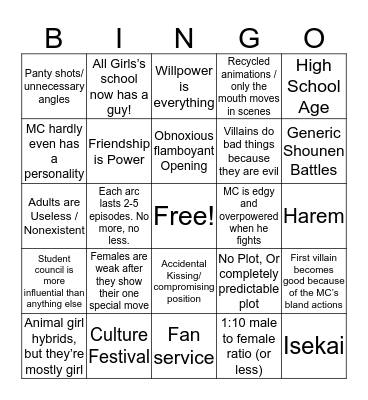 Stupid Anime Garbage Bingo Card