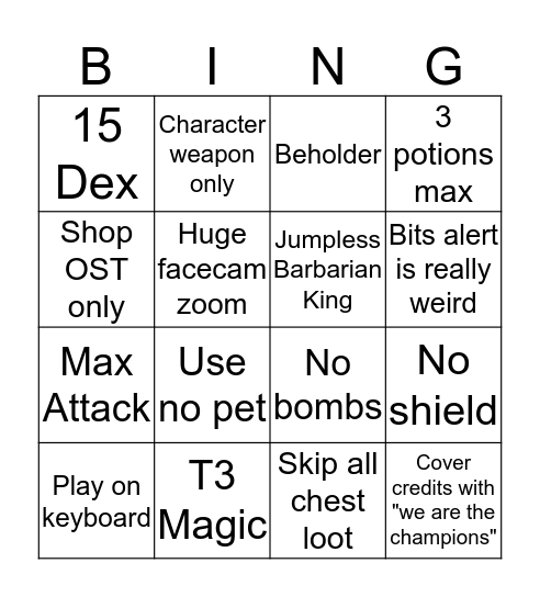 Castle Crasher bingo Card