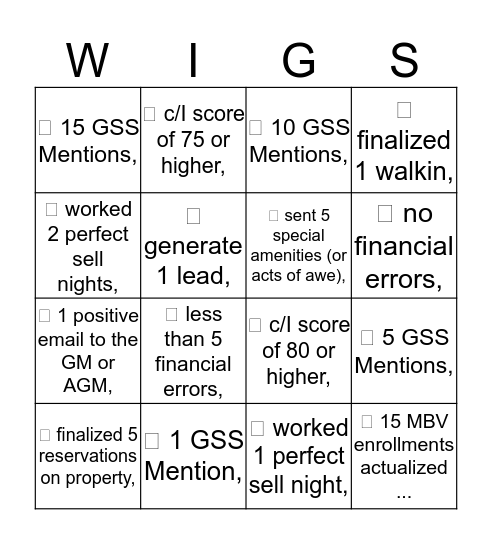Wildly Important Goals Bingo Card