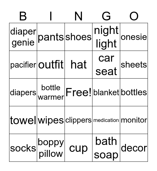 Baby Shower Bingo Card