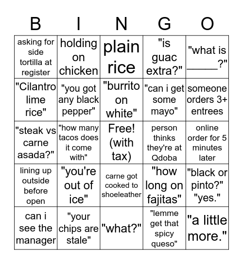 Chipotle Bingo Card