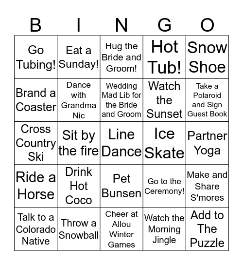 Allou Wedding Weekend Bingo Card