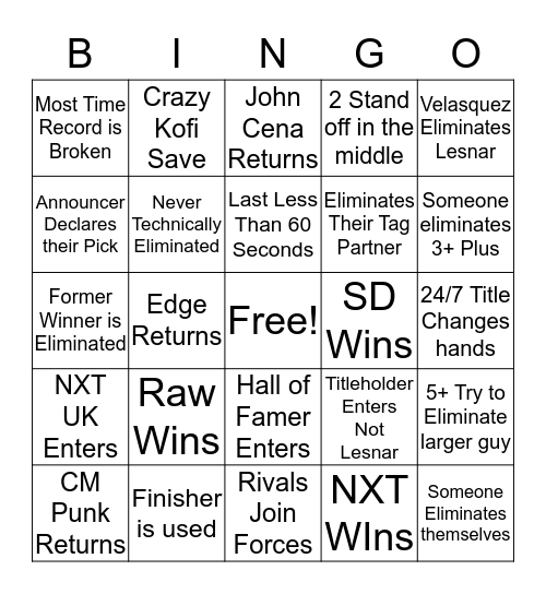 Men's Royal Rumble 2020 Bingo Card