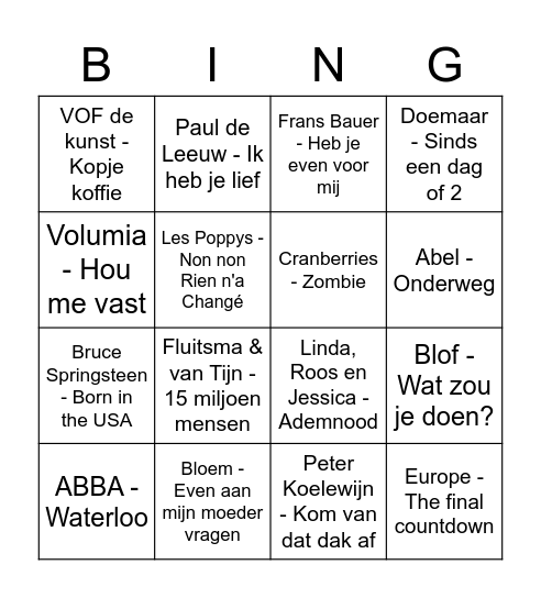 Muziekbingo 1 (30 nummers) Bingo Card
