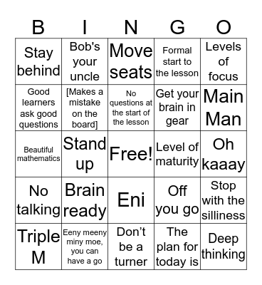 Maths Lesson Bingo 1 Bingo Card