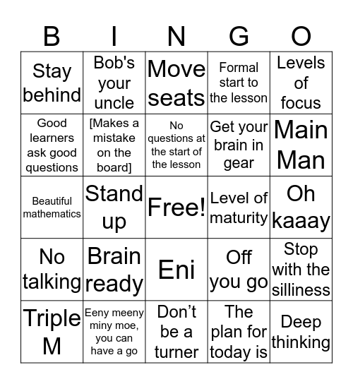 Maths Lesson Bingo 1 Bingo Card