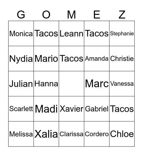 Cousins Pachanga 2020 Bingo Card