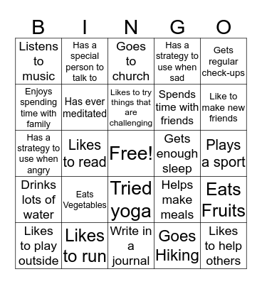 Healthy Living Bingo Card