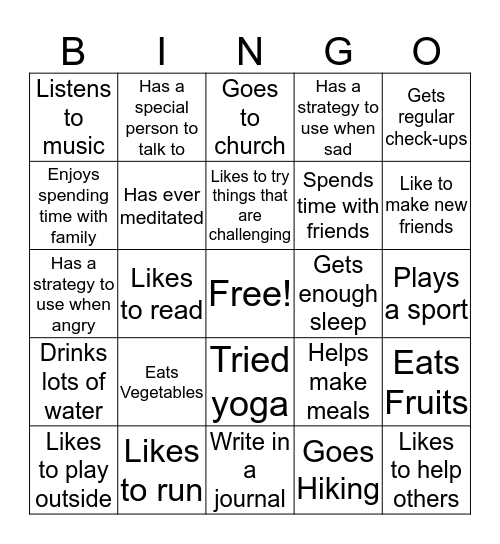 Healthy Living Bingo Card