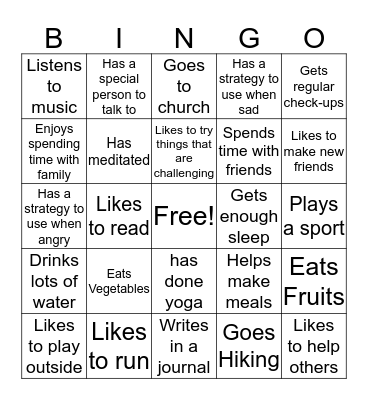 Healthy Living Bingo Card