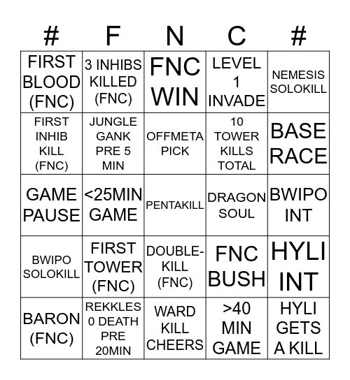 FNC Bingo Card
