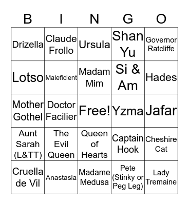 Team Goddess Disney Villains Bingo Card