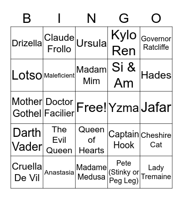 Team Goddess Disney Villains Bingo Card