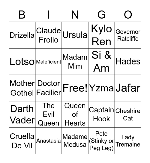 Team Goddess Disney Villains Bingo Card