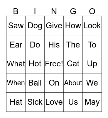 Sight Word Bingo Card