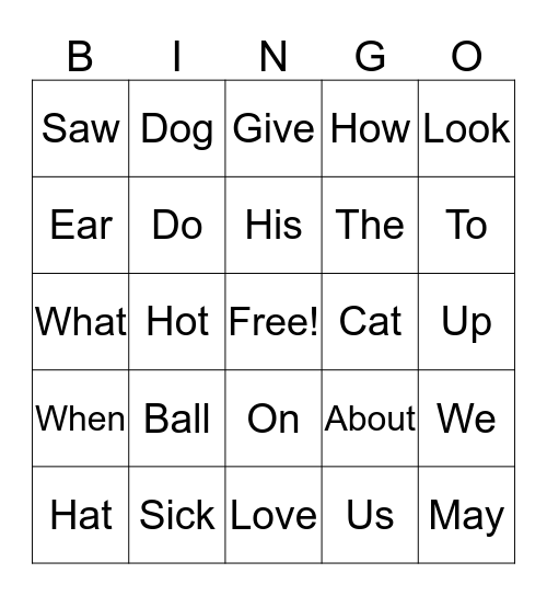 Sight Word Bingo Card