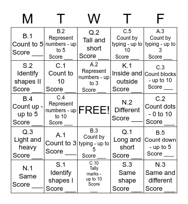 Math Bingo Card