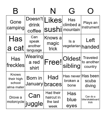 Welcome Center Bingo Card