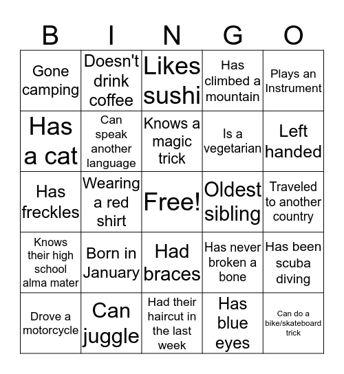 Welcome Center Bingo Card