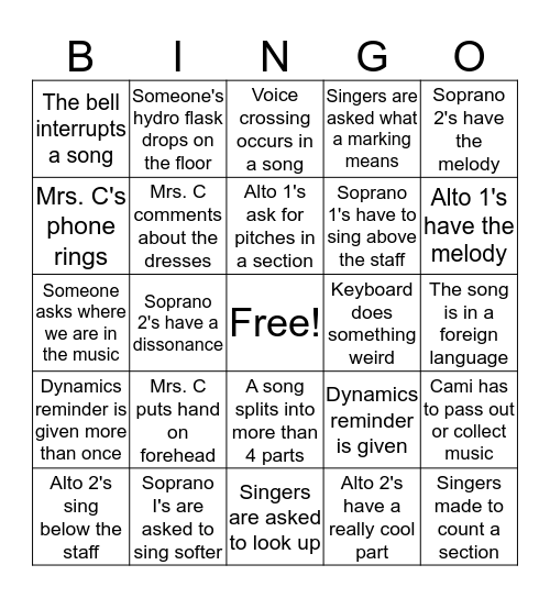 Chamber Singer Bingo Card