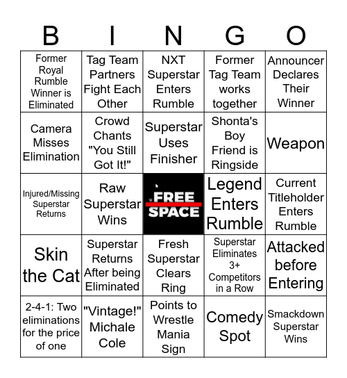 WWE ROYAL RUMBLE - Women's Bingo Card