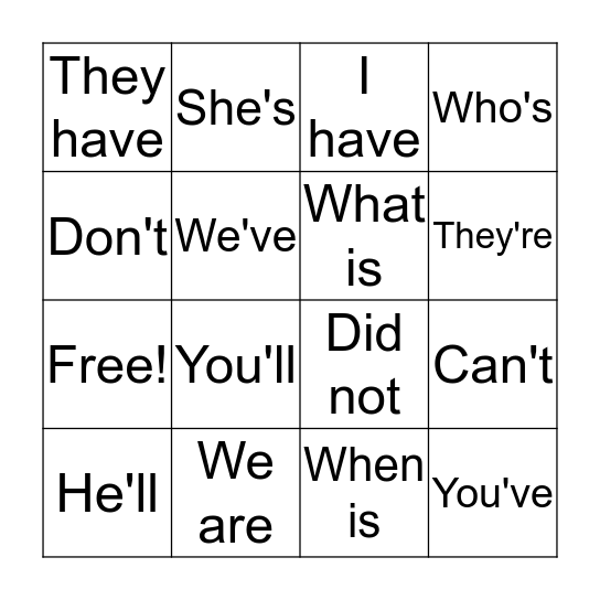 Contraction Bingo Card